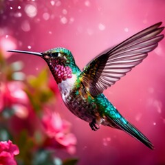 Stunning image of a colorful hummingbird in mid-flight against a vivid pink background. The iridescent feathers and rapid wing movement capture the essence of this tiny, energetic bird in a vibrant