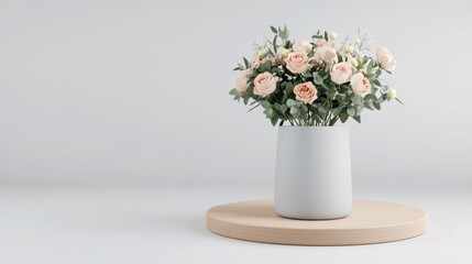 Fototapeta premium A stunning floral bouquet filled with roses and peach blossoms sits elegantly in a vase against a marble and wood background, showcasing hyper-realistic details and pastel colors