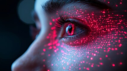 Naklejka premium A futuristic eye with intricate red digital patterns and glowing effects for a captivating look