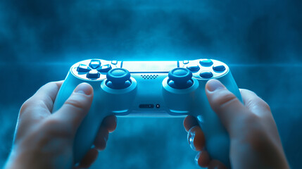 Person using a blue gaming controller in a dimly lit room