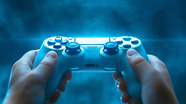 Person using a blue gaming controller in a dimly lit room