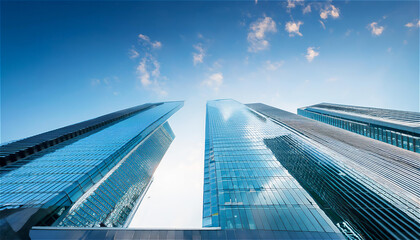 澄んだ青空を背景に、現代的な高層ビルが並ぶ都市のスカイライン。建物のガラスに青空が反射し、爽快な雰囲気を感じさせる。