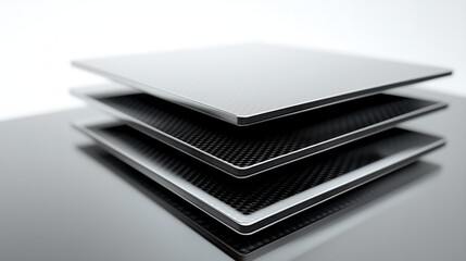 A mockup of layers of gray carbon, net, and rubber materials