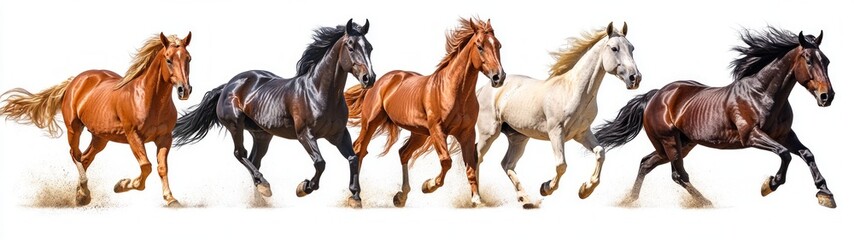 Majestic Wild Horses in Motion, full-body portrait of powerful wild horses galloping freely against a clean white backdrop, showcasing their grace and strength in unison.