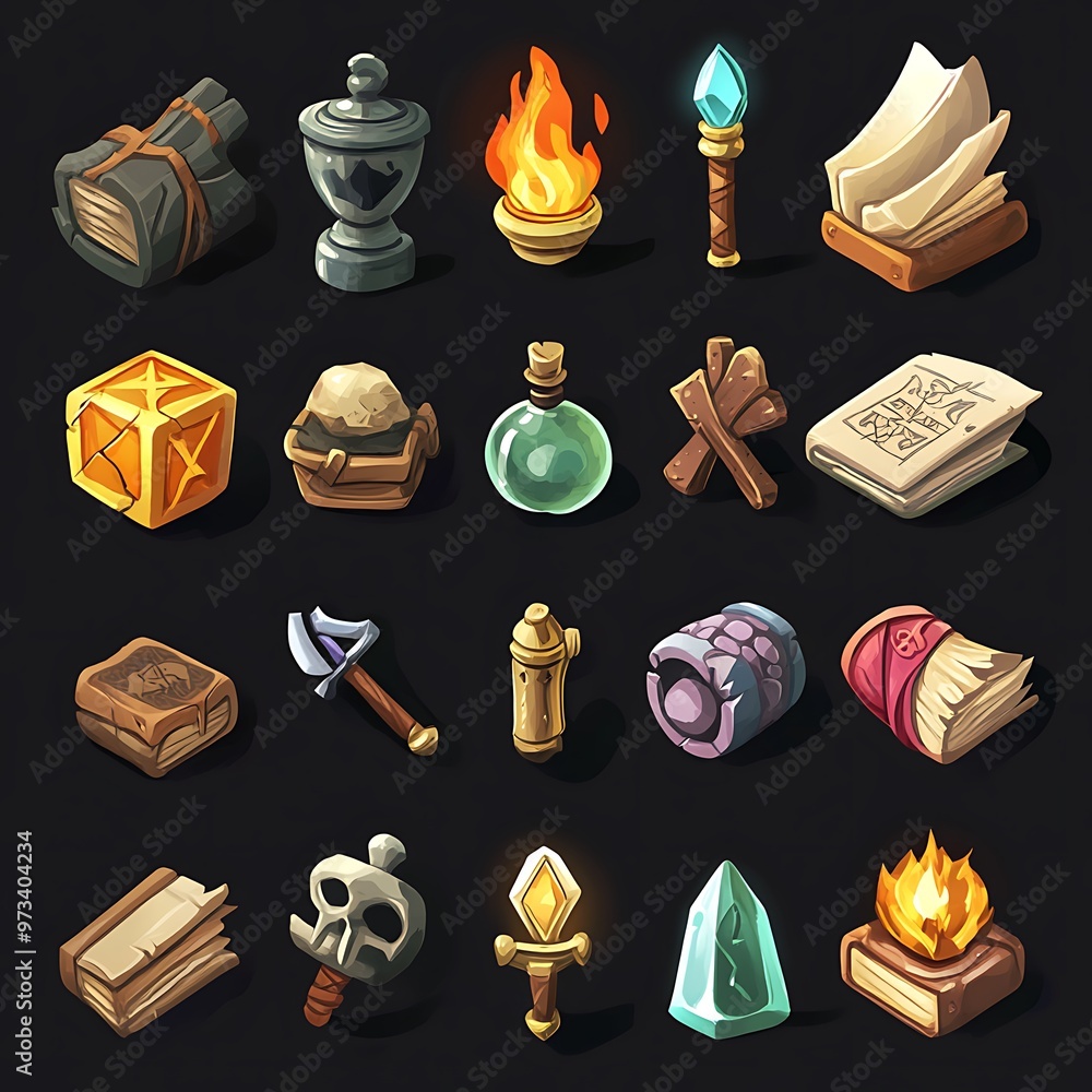 Poster 2d cartoon game ui design elements, icons set for rpg or adventure