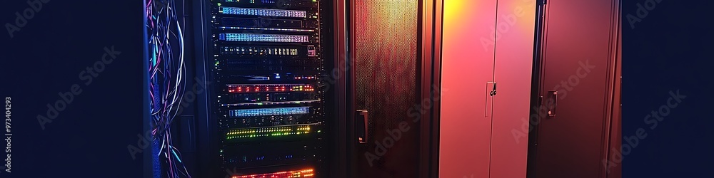Poster rackmount server in a data center with red lighting