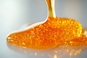 Macro shot of amber honey elegantly dripping from a wooden dipper, ideal for promoting natural food products, healthy living, and culinary use