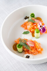 salmon tartare on a white plate white background