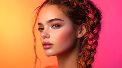 A young woman with colorful braids looks confidently at the camera against a vivid orange and pink background, embodying bold beauty. 