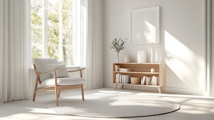 a chair and a book shelf in a room with a window