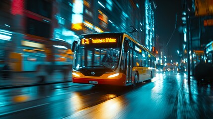 a bus driving down a street at night time with buildings in the background and a street light in the foreground