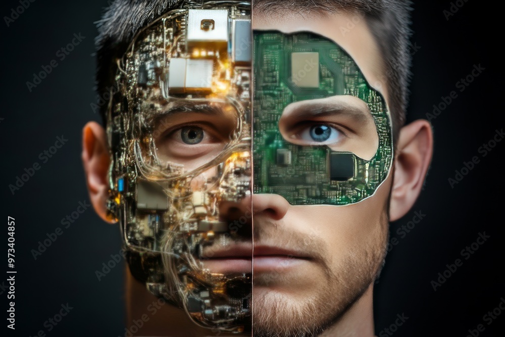 Poster neurointerface mind power quantum computing neural circuits and mind power man with half his face re
