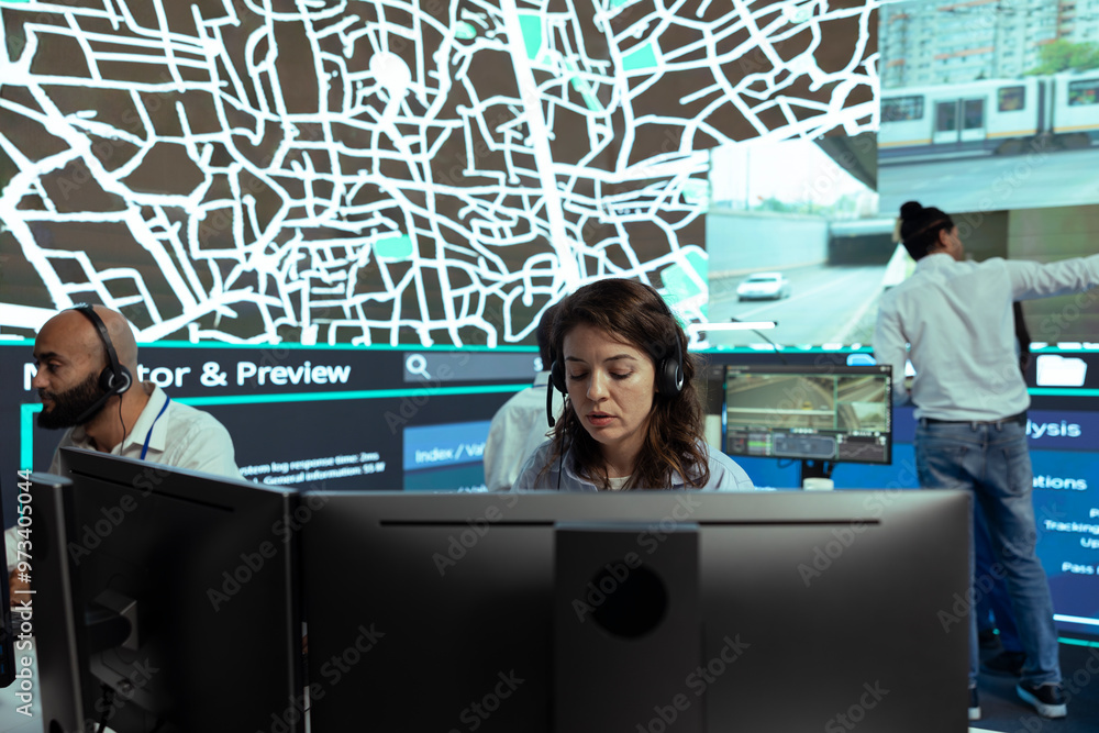 Aufkleber call center operator transmitting parcel gps coordinates to customers, handling any order delay comp
