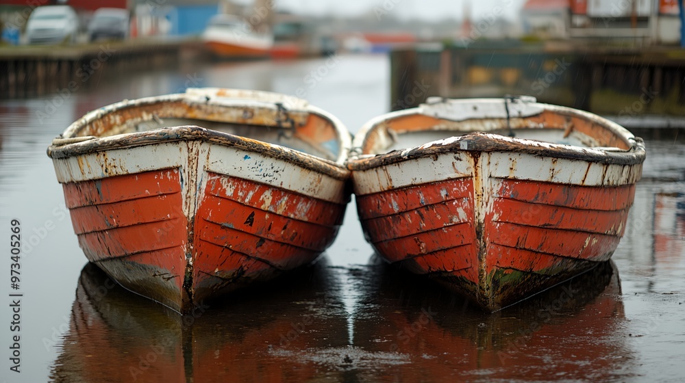 Poster two boats next to a dock with a building in the background