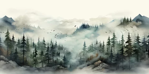 Printed kitchen splashbacks Misty mountain forest with birds
