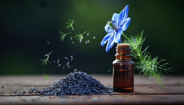 Close up of Nigella sativa seed and flower on wooden table