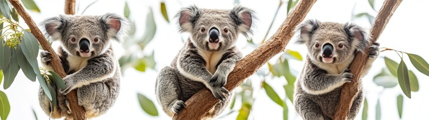 Naklejka premium Playful Koalas in Eucalyptus Trees, full-body portrait of koalas playfully interacting with each other among lush eucalyptus leaves, serene white background enhancing their charm