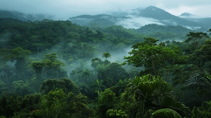 Obraz premium A Lush Costa Rican Rainforest: Morning Mists Above the Canopy