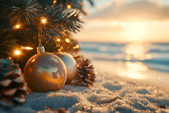 Fototapeta Tropic Christmas ornaments on magic exotic sandy beach against ocean background at golden hour. Happy holidays and festive celebration concept. Creative Christmas and new year banner with copy space