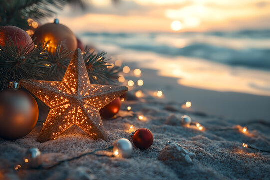 Fototapeta Tropic Christmas ornaments on magic exotic sandy beach against ocean background at golden hour. Happy holidays and festive celebration concept. Creative Christmas and new year banner with copy space