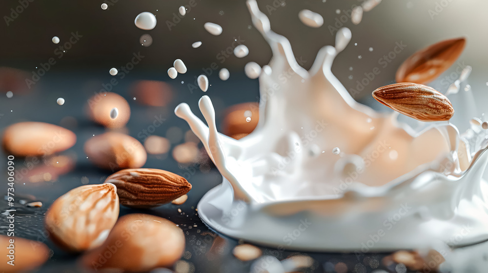 Poster a splash of milk with a few almonds floating in it. concept of freshness and simplicity