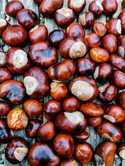 Ripe chestnuts lie on a wooden surface