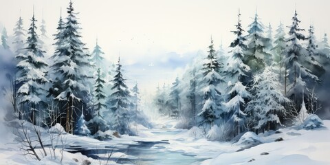 Snowy forest with frozen river