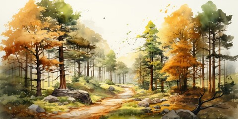 Watercolor painting of a forest path