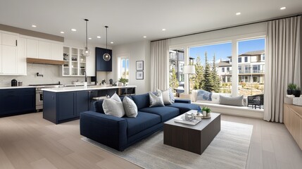 Fototapeta premium This stylish living area features dark blue kitchen cabinets, a navy couch, white walls, and a neutral decor, highlighting the modern farmhouse aesthetic
