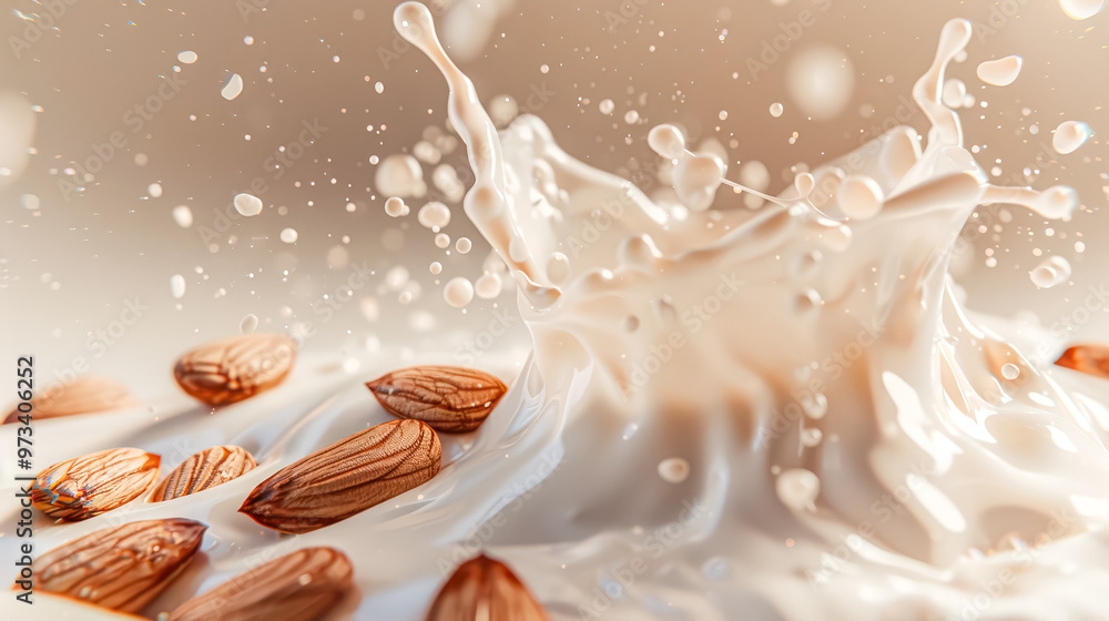 Poster a splash of milk with a few almonds floating in it. concept of freshness and simplicity
