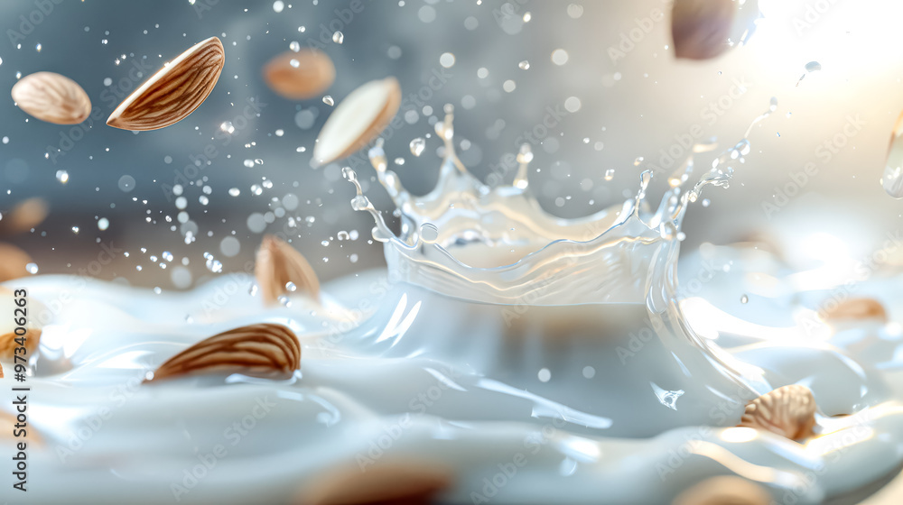 Poster a splash of milk with a few almonds floating in it. concept of freshness and simplicity