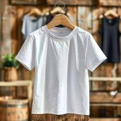 A white t-shirt is displayed on a wooden table.