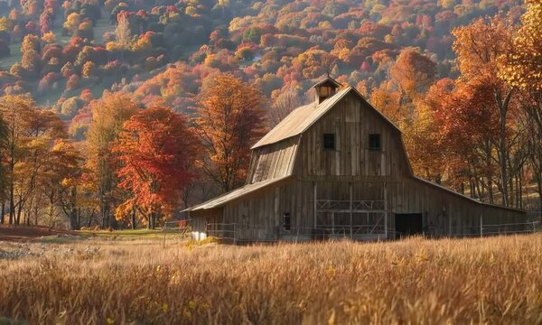 Old barn nestled in a valley of autumn trees, Video