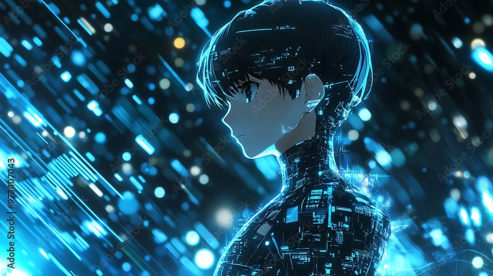 Poster digital art of an android boy in a futuristic neon cyberspace setting