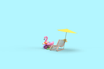 A chaise longue, an umbrella from the sun. A suitcase, a ball, a circle and a flamingo for swimming. 3d on the theme of travel, recreation, tickets, the sea. Blue background.