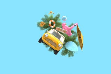 The yellow vintage car is flying. On the roof there is a suitcase, a ball, a circle and a flamingo for swimming. Surfboard, palm trees. 3d on the theme of travel, recreation, tickets, the sea.