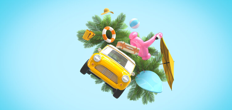 The yellow vintage car is flying. On the roof there is a suitcase, a ball, a circle and a flamingo for swimming. Surfboard, palm trees. 3d on the theme of travel, recreation, tickets, the sea.