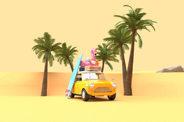 Obraz premium A yellow vintage car on the beach. On the roof there is a suitcase, a ball, a circle and a flamingo for swimming. Surfboard, palm trees. 3d on the theme of travel, recreation, tickets, the sea.