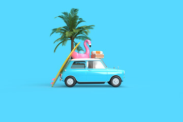A blue vintage car. On the roof there is a suitcase, a ball, a circle and a flamingo for swimming, a surfboard on the side. 3d on the topic of travel, recreation, tickets, the sea. Blue background.
