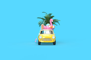 A yellow vintage car. On the roof there is a suitcase, a ball, a circle and a flamingo for swimming, a surfboard on the side. 3d on the topic of travel, recreation, tickets, the sea. Blue background.