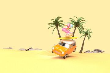 Obraz premium The orange vintage car is flying. On the roof there is a suitcase, a ball, a circle and a flamingo for swimming. Surfboard, palm trees. 3d on the theme of travel, recreation, tickets, the sea.