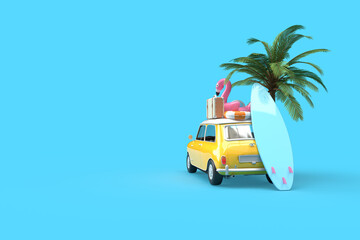 A yellow vintage car. On the roof there is a suitcase, a ball, a circle and a flamingo for swimming, a surfboard on the side. 3d on the topic of travel, recreation, tickets, the sea. Blue background.