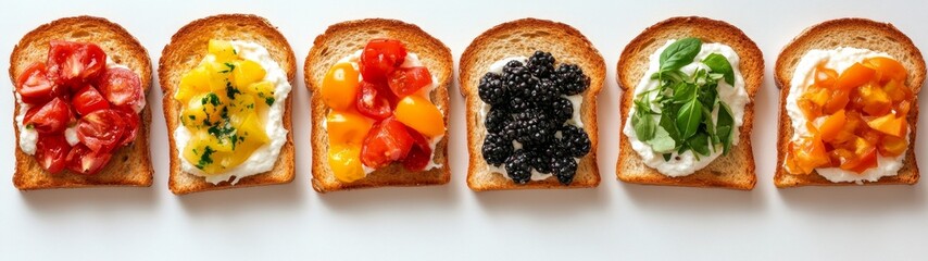 Rustic Toast Portrait, A colorful display of toasted bread adorned with an array of vibrant toppings, set against a clean white background for emphasis on the textures and colors.