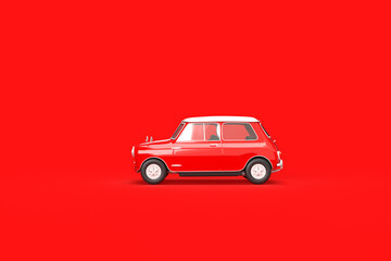 Vintage red car on a red background. 3d rendering on the topic of transport, car, spare parts, work, business, design. Minimal style. Side view.