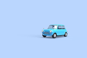 Vintage blue car on a blue background. 3d rendering on the topic of transport, car, spare parts, work, business, design. Minimal style. Front view.