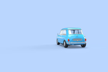 Vintage blue car on a blue background. 3d rendering on the topic of transport, car, spare parts, work, business, design. Minimal style. Rear view.