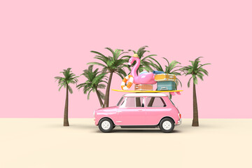 The rose vintage car is flying. On the roof there is a suitcase, a ball, a circle and a flamingo for swimming. Surfboard, palm trees. 3d on the theme of travel, recreation, tickets, the sea.