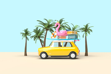 A yellow vintage car on the beach. On the roof there is a suitcase, a ball, a circle and a flamingo for swimming. Surfboard, palm trees. 3d on the theme of travel, recreation, tickets, the sea.