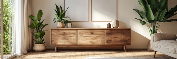 Modern Scandinavian Living Room with Wood Dresser, Contemporary Decor