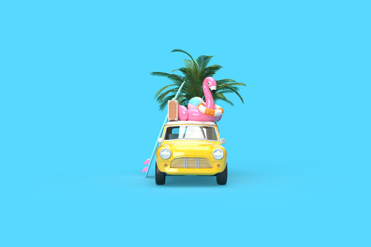 A yellow vintage car. On the roof there is a suitcase, a ball, a circle and a flamingo for swimming, a surfboard on the side. 3d on the topic of travel, recreation, tickets, the sea. Blue background.